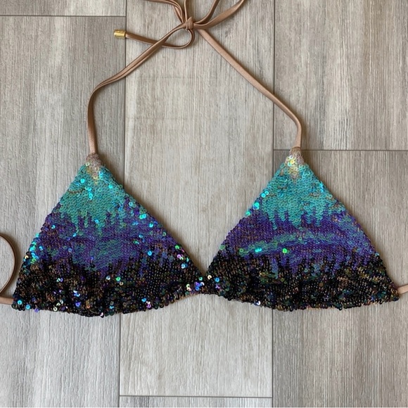 NEW Beach Bunny Ariel sequin Triangle Bikini Top and bottom in multi color ombré - Picture 2 of 13